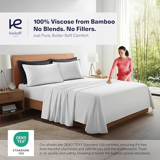 Kickoff Viscose Bamboo Pillowcase, Standard, Set of 2, 100% Organic Hidden Zippered Viscose Bamboo Pillow Case Standard Size, Cooling Pillow Cover for Hot Sleepers (20"x26", Trimmed, Onyx Black)