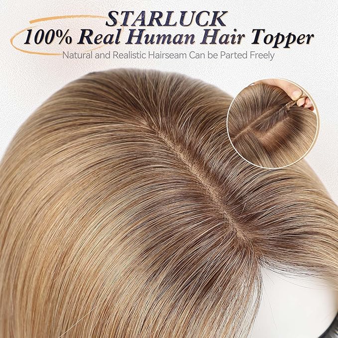 starluck Human Hair Toppers for Women Real Human Hair No Bangs 4 * 5.5 inch Base 12 inch SilkHug Topper for Women with Thinning Hair Cover Grey Roots(Ombre Light Brown)