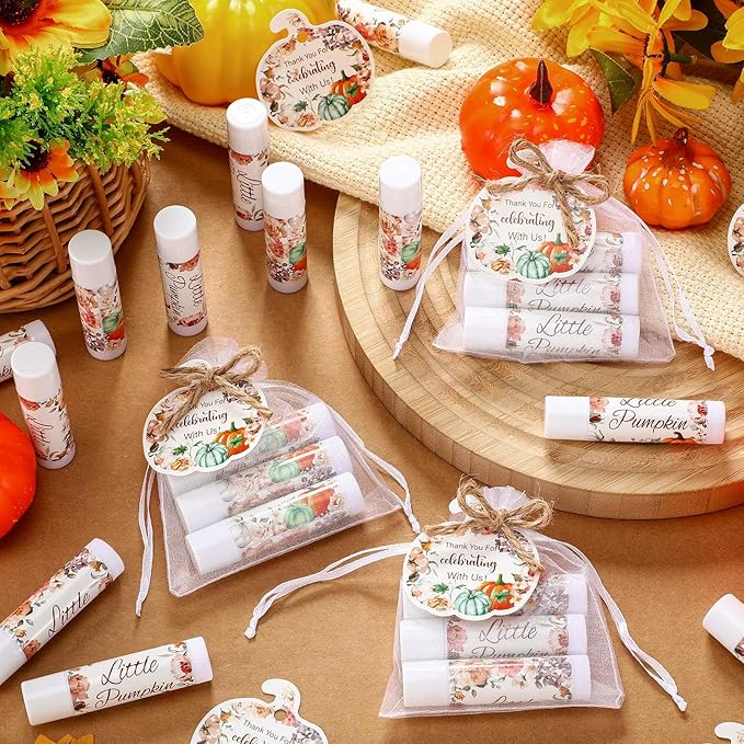Demissle 50 Pcs Baby Shower Lip Balm Gift Set with 100 Pcs Organza Bags Baby Shower Party Favor for Guest Thank You Tag Rope Baby Shower Party Decoration Gender Reveal Souvenirs (Pumpkin and Flowers)