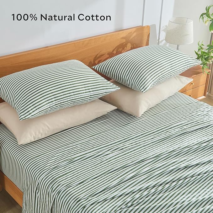 JELLYMONI 100% Natural Cotton Striped Queen Pillowcases Set, 2 Pack White and Green Stripes Pattern Printed Pillow Covers with Envelope Closure(Pillows are not Included)