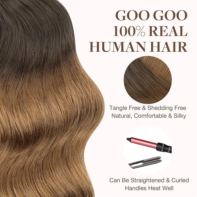 GOO GOO Tape in Hair Extensions Human Hair, 1D/2C/4E Chocolate Dip Color Melt, 18inch 25g 10pcs, Skin Weft Seamless Invisible, Silky Straight with Thick Ends, Remy Human Hair
