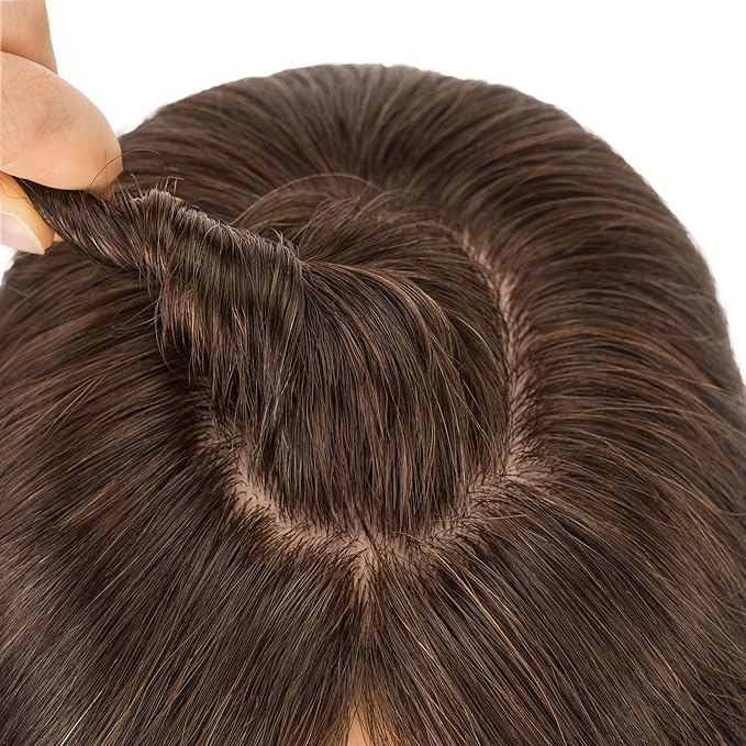 Hairro Human Hair Toppers Free Parted, 3.5x4.7" Base Hand-wovened 100% Real Hairpieces, with Invisible Clips-in for Women, for High Hairline/Adding Volume on Top, 12 Inch Dark Brown