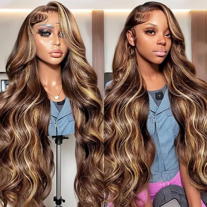 Honey Blonde Ombre 13x6 Lace Front Wig Human Hair 210 Density Highlight Body Wave Lace Front Wigs Human Hair Pre Plucked Glueless Lace Frontal Wig for Women 4/27 Colored 34Inch