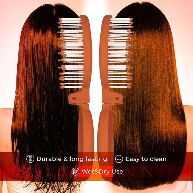 Mini Detangler Travel Hair Brush with Mirror, Makaron Hair Brushes for Women, Men and Kids, Unique 3D Flexible Design for All Hair Types, Styling Accessory, Travel Essentials for Women (DARK ORANGE)