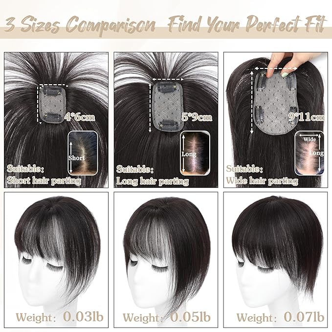 Human Hair Toppers for Women - 150% Density Clip In Hair Topper with Bangs U Shape 10 Inch Toppers Hairpieces for Women Perfect for Thinning Hairr Ideal for Daily Use Brown Black