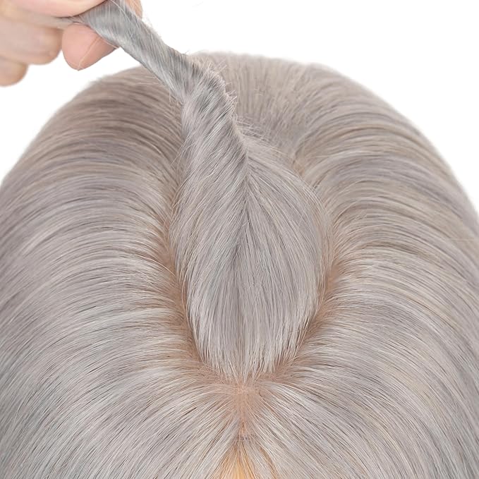 Hairro Human Hair Toppers Free Parted, 3.5x4.7" Base Hand-wovened 100% Real Hairpieces, with Invisible Clips-in for Women, for High Hairline/Adding Volume on Top, 12 Inch Grey