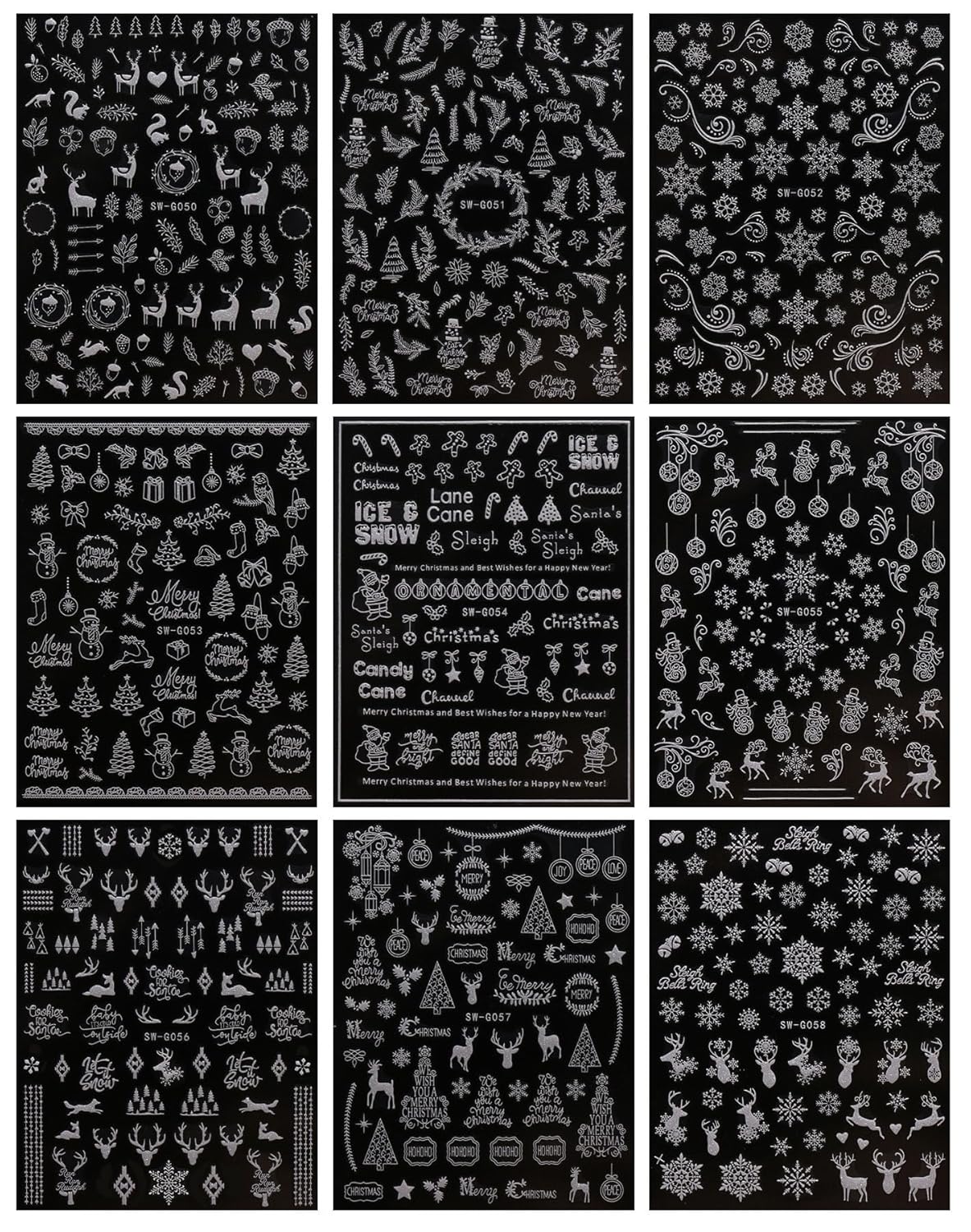 JMEOWIO 9 Sheets Christmas Glitter Nail Art Stickers Decals Self-Adhesive Snowflake Winter Holiday White Nail Supplies Nail Art Design Decoration Accessories