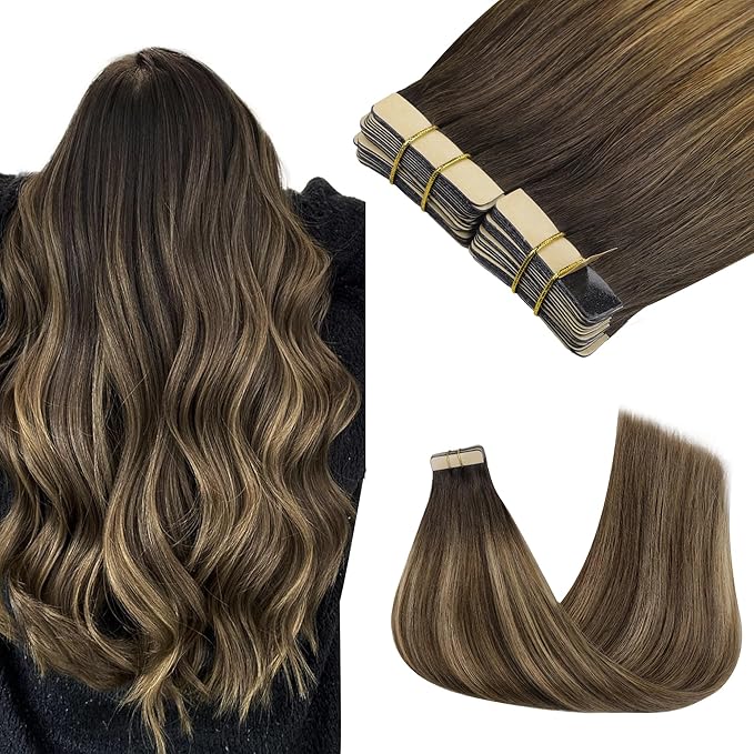 GOO GOO Tape in Hair Extensions Human Hair, 4D/14/5B Brunette Balayage, 24inch 100g 40pcs, Skin Weft Seamless Invisible, Silky Straight with Thick Ends, Remy Human Hair