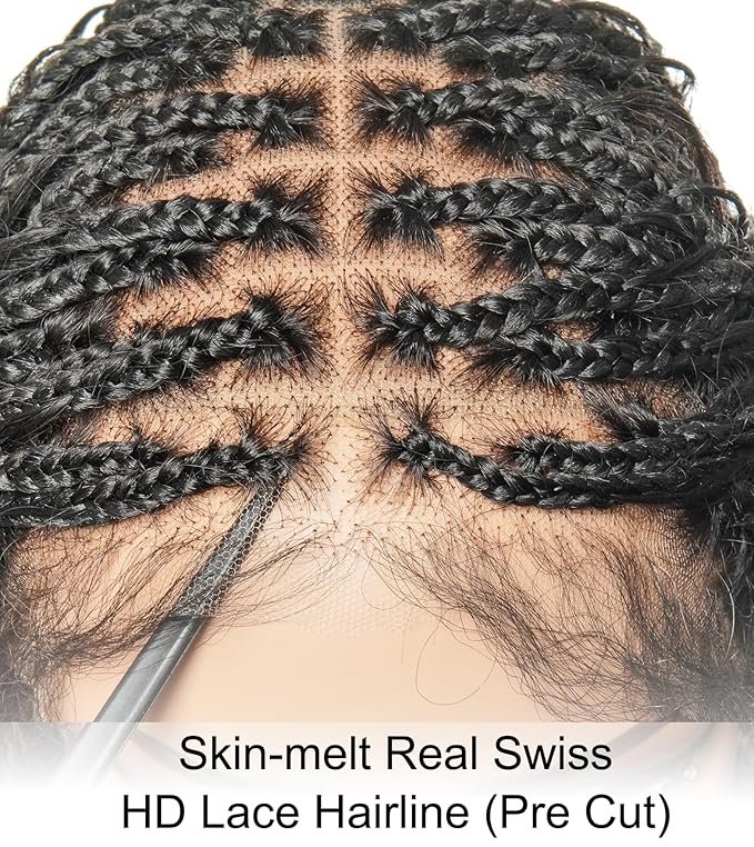 Human Hair Boho Curls Hand-Tied HD Full Lace Wig - 36" Salon-Level Small Box Synthetic Braids (100 Braids, High Density) Pre-Cut Swiss HD Lace, Pre-Plucked, Knotless, Tangle-Free - Black 1B