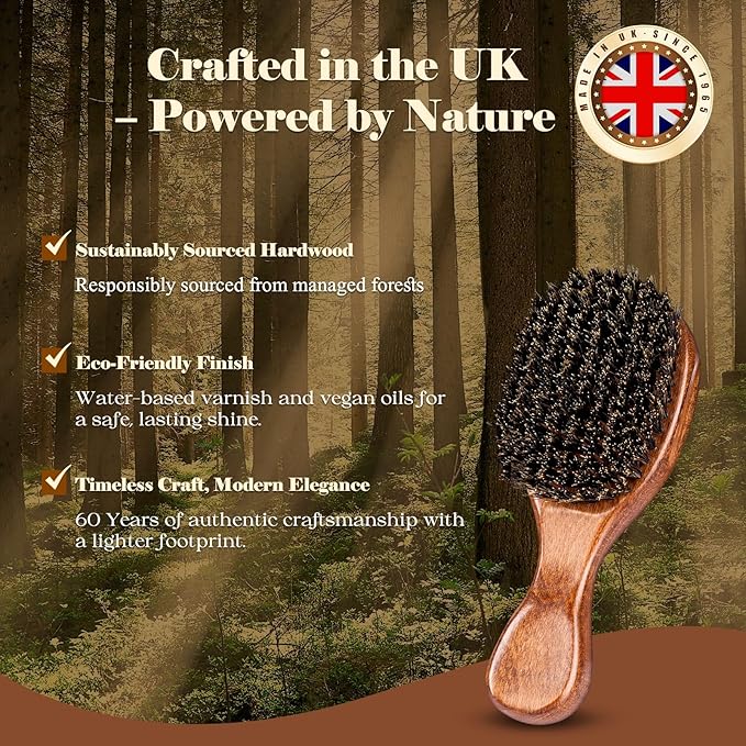 Boar Bristle Hair Brush Since 1965 British Craftsmanship, Handmade Natural Wooden Mini Hairbrush/Beard Brush, Pure Soft Bristles Gentle Detangling Women Men Kids Thin Fine Hair, Smooth & Shine