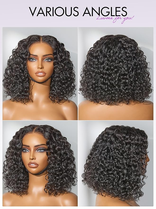 LUVME HAIR 5X5 Deep Curly 12 Inches 100% Human Hair Wigs Curly Deep Wave Glueless Lace Front 12 Inches, Pre Cut Plucked Hd Lace Short Wig Ready To Go Natural Color Straight Bleached Knots Black Wigs