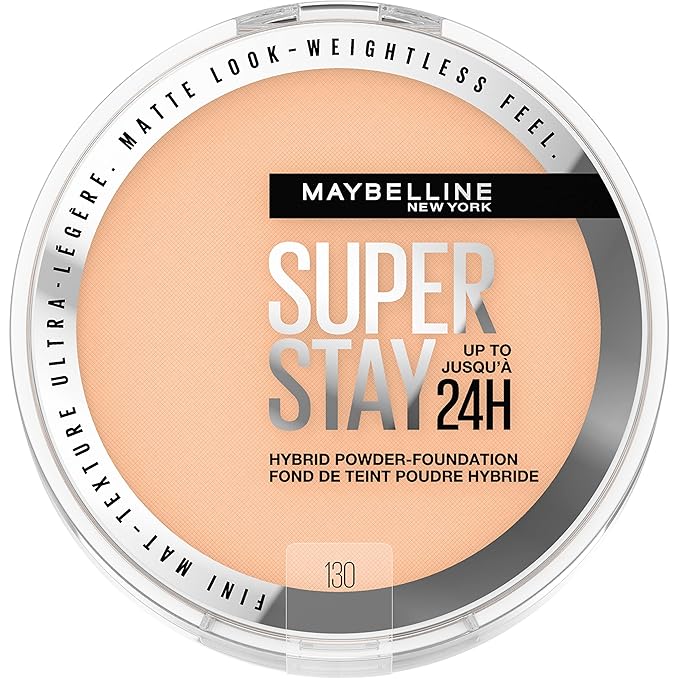 Maybelline Super Stay Up to 24HR Hybrid Powder-Foundation, Medium-to-Full Coverage Makeup, Matte Finish, 130, 1 Count