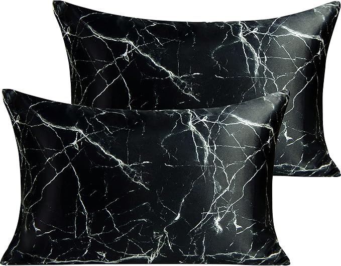 NTBAY 2 Pack Satin Queen Pillowcases for Hair and Skin, Luxurious and Silky Marbling Printed Pillow Cases with Envelope Closure, 20x30 Inches, Black
