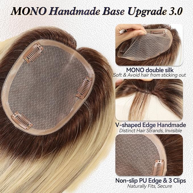 starluck Hair Toppers for Women Real Human Hair,6"*5.5"MONO Large Base, Real HumanHair Toppers for Women with Thinning,65g Hand-moven Topper,Gray Roots,High Volume,Ombre Blonde with Brown Highlight