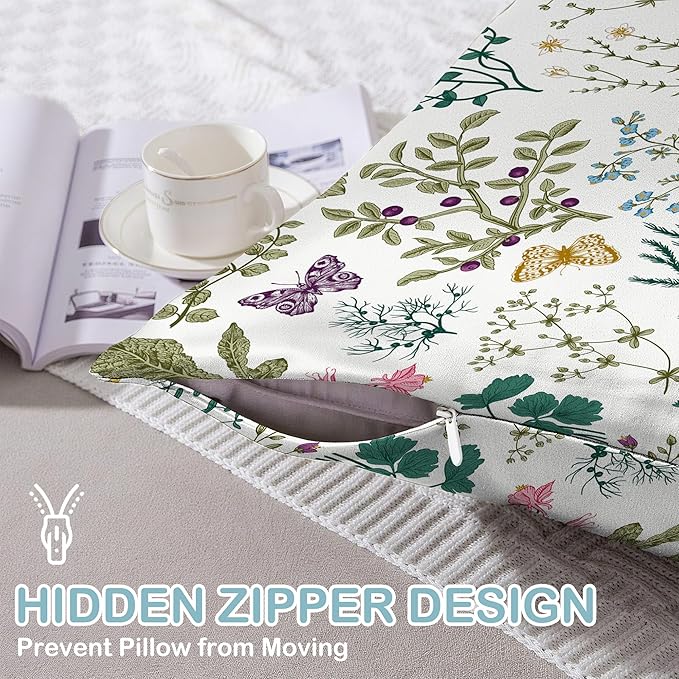 Satin Pillowcase 1 Pack-Leaves Herbs and Wildflowers Silky Pillow Cover for Hair and Skin,Standard Size 20x26 Inch Soft Cooling Printed Pillow Cases with Hidden Zipper,Gifts for Women Men