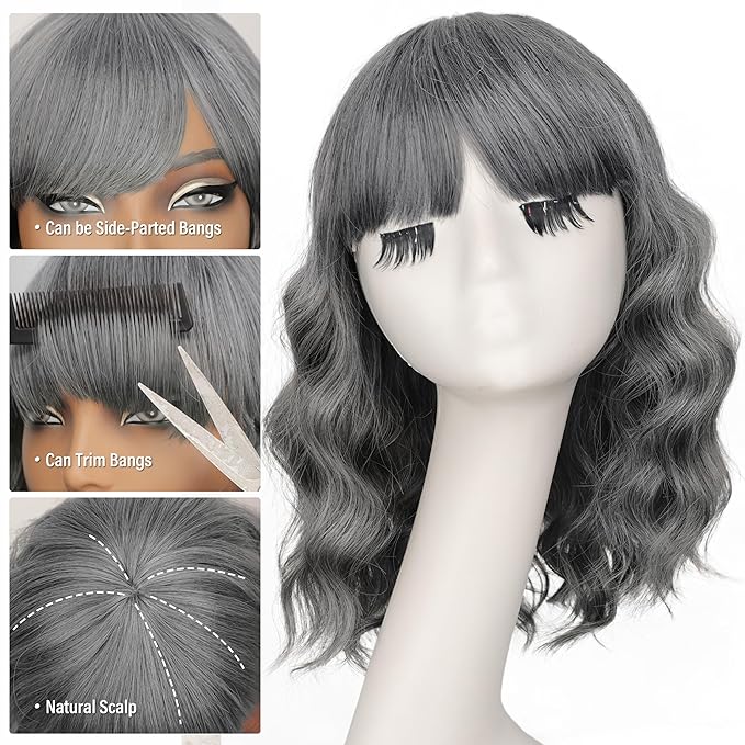 Nnzes Wig Bangs Dark Salt and Pepper Short Wavy Hair for Women Natural Looking Heat Resistant Bob Wigs with Synthetic Wig for Daily Party Use