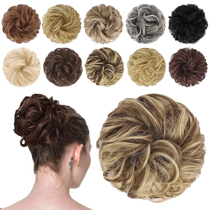 FESHFEN Messy Bun Hair Piece - Elastic Wavy Curly Hair Bun Scrunchies Extensions Synthetic Chignon Hairpieces for Women, Light Brown & Blonde 1.5 oz