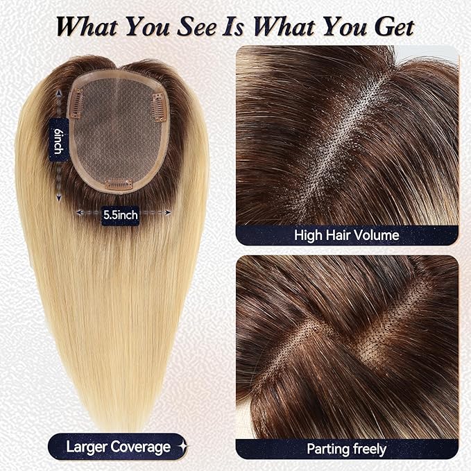 starluck Hair Toppers for Women Real Human Hair,6"*5.5"MONO Large Base,100% Real HumanHair Toppers for Women with Thinning,65g Hand-moven Topper,Gray Roots,High Volume,Ombre Light Blonde