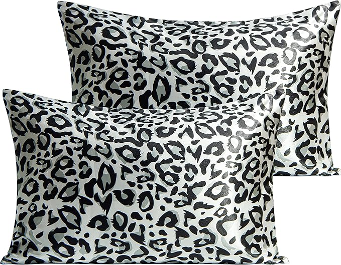 NTBAY 2 Pack Satin Queen Pillowcases for Hair and Skin, Luxurious and Silky Leopard Printed Pillow Cases with Envelope Closure, 20x30 Inches, Black and White