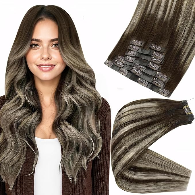Full Shine Seamless Hair Extensions Clip in 14 Inch Brown Balayage Clip in Hair Extensions Straight Dark Brown Balayage Platinum Blonde Hair Softness 8 PCS 120 Grams