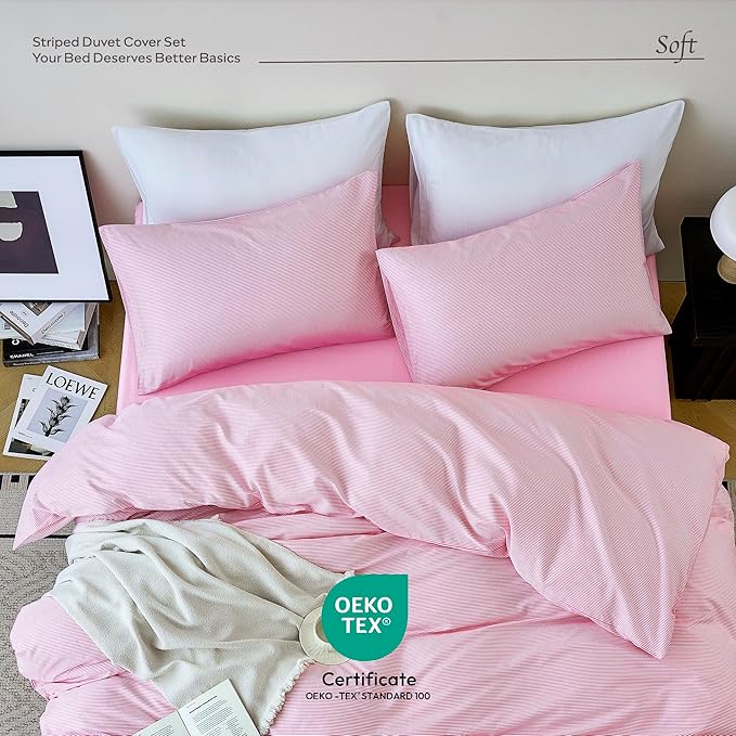 JELLYMONI 100% Natural Cotton Striped King Pillowcases Set, 2 Pack White and Thin Pink Striped Pattern Printed Pillow Covers with Envelope Closure(Pillows are not Included)
