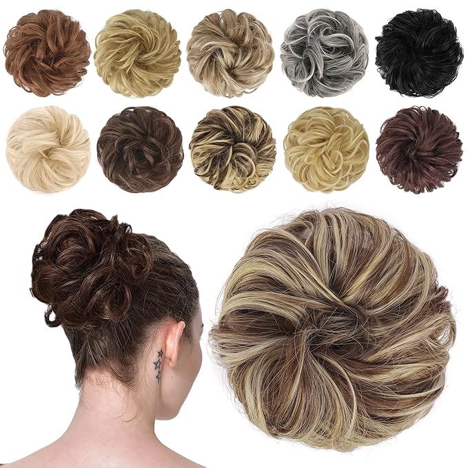 FESHFEN Messy Bun Hair Piece - Elastic Wavy Curly Hair Bun Scrunchies Extensions Synthetic Chignon Hairpieces for Women, Copper Brown & Beige Blonde 1.5 oz