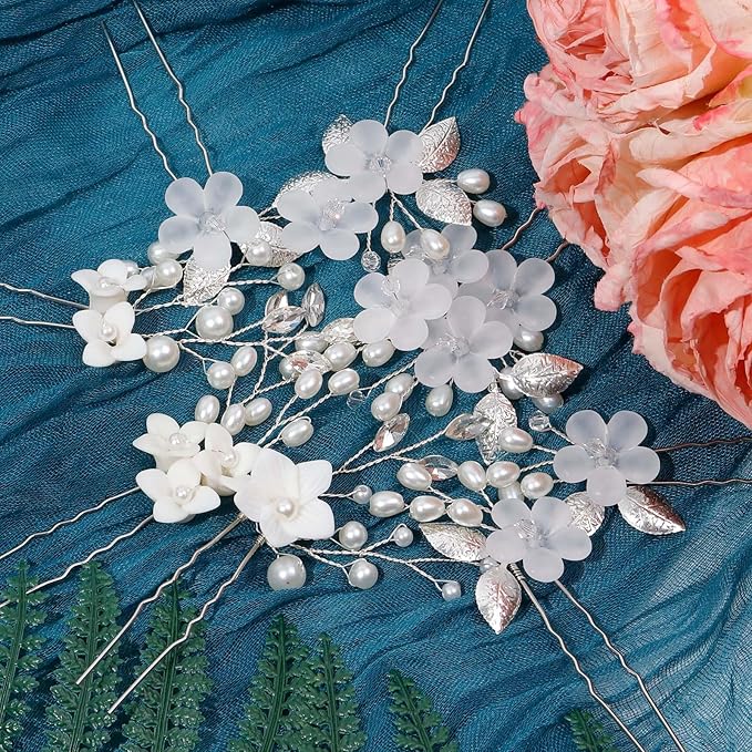 8Pcs Silver Bridal Wedding Hair Pins,White Flower Leaf Hair Piece Pearl Rhinestone Hair Clips,Hair Accessories for Women Brides Bridesmaid