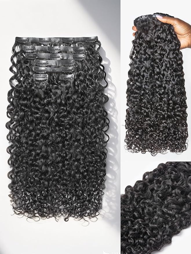 LUVME Burmese Curly Clip in Hair Extensions Real Human Hair Messy Curly Clip Ins Fullness with 2 Pack for Women Brazilian Remy Human Hair Natural Black 135g 14Inch