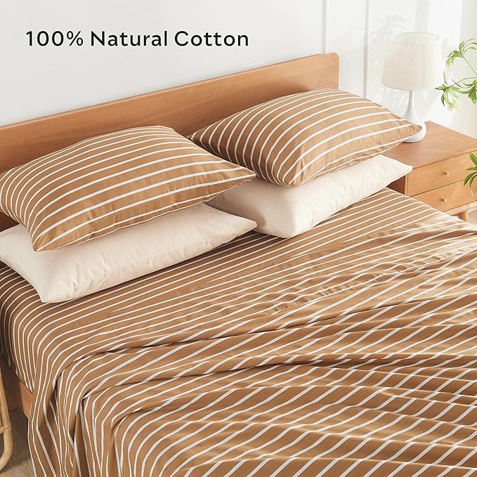 JELLYMONI 100% Natural Cotton Striped Queen Pillowcases Set, 2 Pack Rust and White Stripes Pattern Printed Pillow Covers with Envelope Closure(Pillows are not Included)