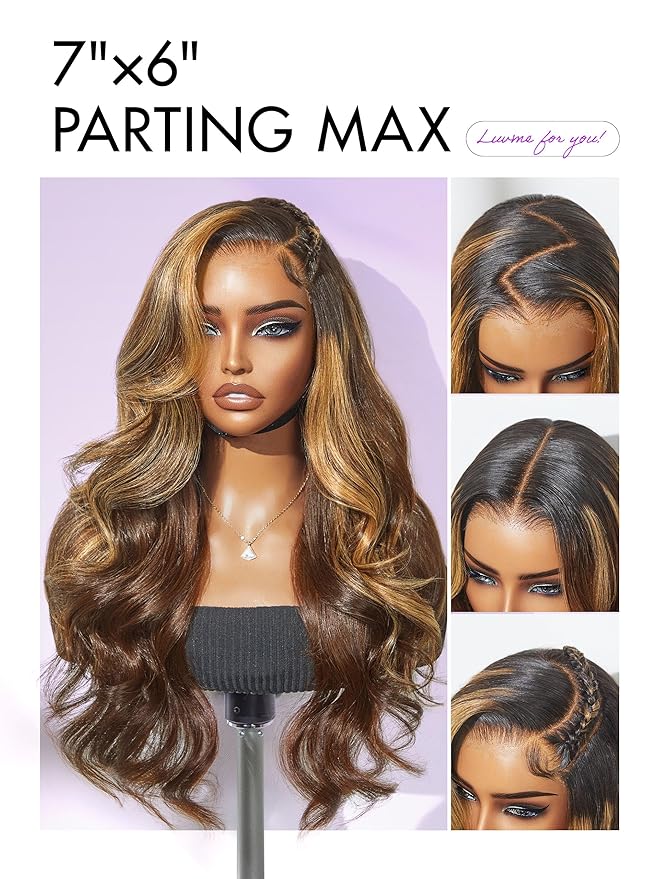 LUVME HAIR 7x6 HD Lace All-Day Comfort Wig 200% Density Hair PartingMax Lace Wigs Highlight Color Loose Body Wave Lace Front Wigs Human Hair Pre Cut Plucked Lace Frontal Glueless 16 Inches Mix Brown