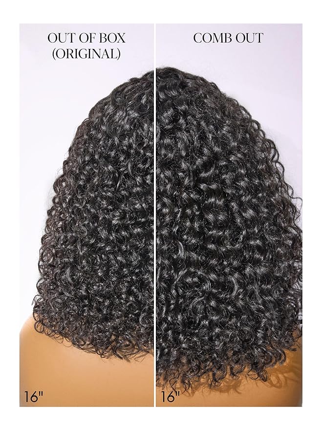 LUVME HAIR Curly Deep Wave Glueless Lace 100% Human Hair Short Wigs 16 Inches Pre Cut Plucked Hd Lace Wig Ready To Go Natural Color Bleached Knots Side Part Black Wigs 16 Inches