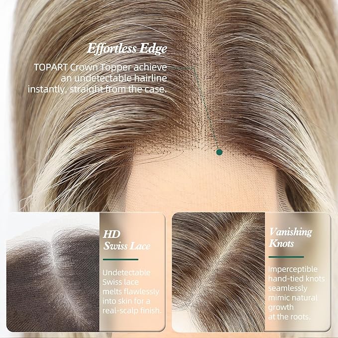 Full Hand Tied Hair Toppers for Women Remy Human Hair Lace Front Topper 14 Inch 6"×6" Partial wig Cover Thinning Hair or Loss No Bangs Top Hair Pieces (Ombre Brown Mix Platinum)