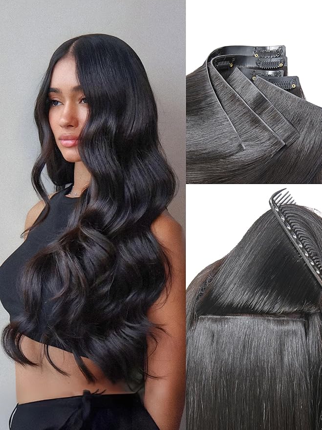 LUVME Invisible Clip in Hair Extensions Body Wave Real Human Hair, Remy Hair Clip ins for Women, Natural Human Hair, 18 inch 110g 6Pcs, Natural Black