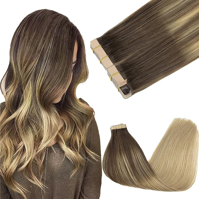GOO GOO Tape in Hair Extensions Human Hair, 4/18 Balayage Chocolate Brown Highlighted Dirty Blonde, 12inch 80g 40pcs, Skin Weft Seamless Invisible, Silky Straight with Thick Ends, Remy Human Hair