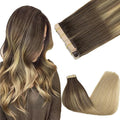 GOO GOO Tape in Hair Extensions Human Hair, 4/18 Balayage Chocolate Brown Highlighted Dirty Blonde, 14inch 100g 40pcs, Skin Weft Seamless Invisible, Silky Straight with Thick Ends, Remy Human Hair