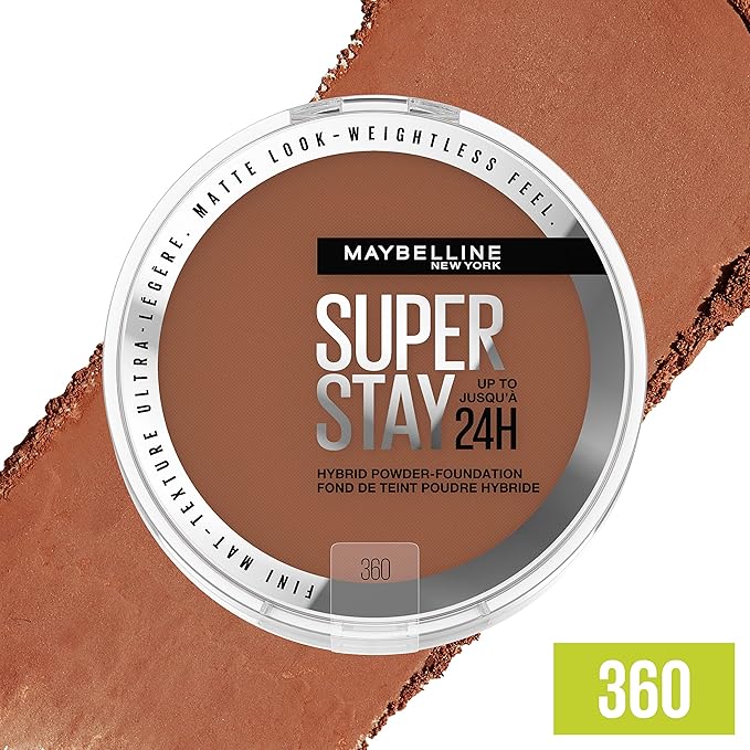 Maybelline Super Stay Up to 24HR Hybrid Powder-Foundation, Medium-to-Full Coverage Makeup, Matte Finish, 360, 1 Count