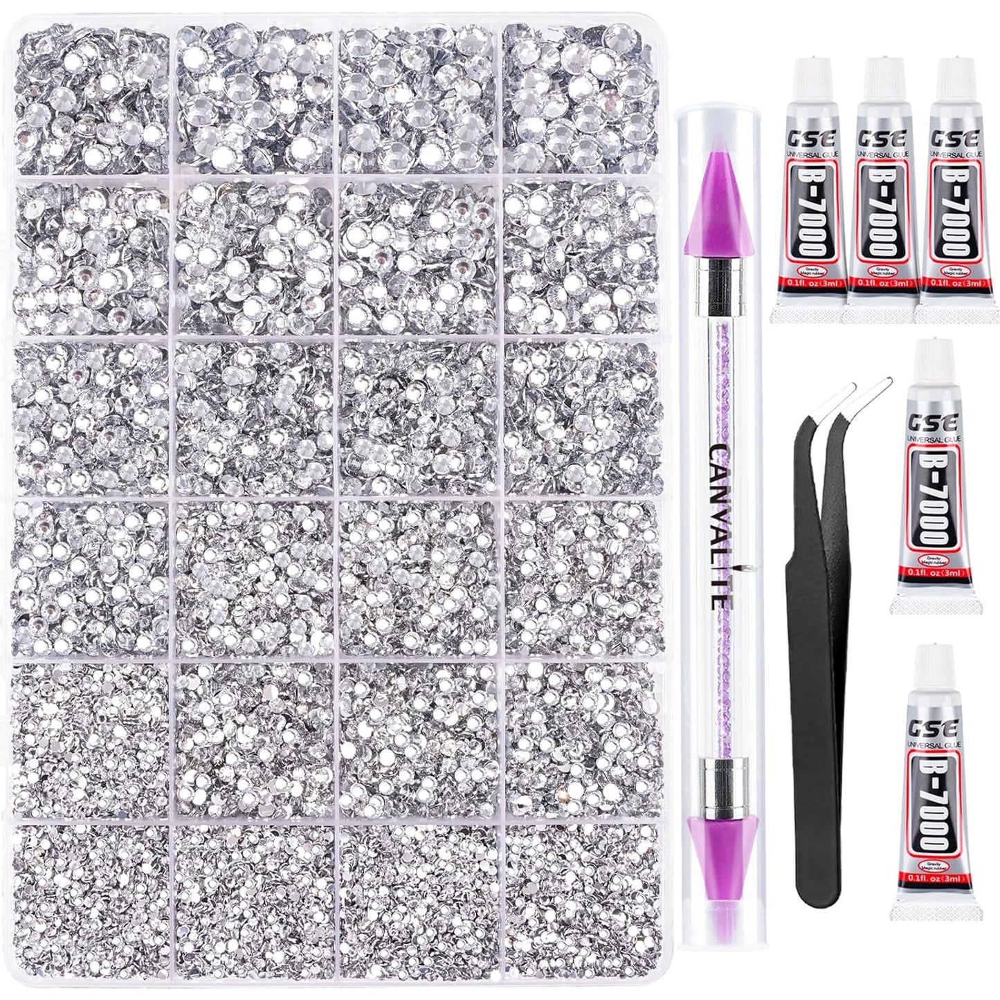 Canvalite 25000Pcs Resin Jelly Rhinestones for Crafting, Clear Flatback Gems, Bedazzling Crystal with 5Pcs 2.5g B7000 Jewelry Glues and Tweezers and Dotting Pen for DIY Crafts Clothing Shoes Nail Art