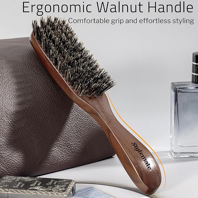Boar Bristle Hair Brush for Men, Mens Slick Back Hair Brush with Stiff Bristles & Wooden Walnut Handle for Thick & Fine Hair Smoothing, Detangling, Styling, Beard Straightens