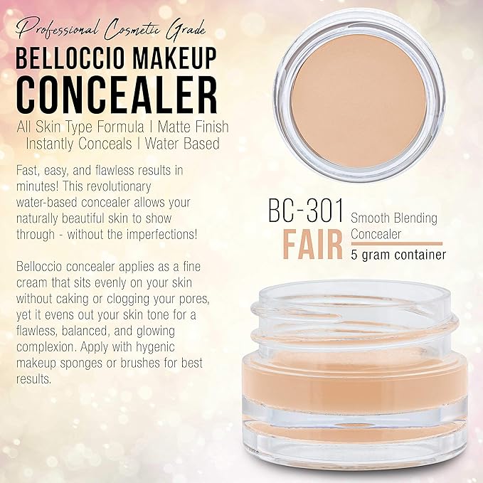 Belloccio High Definition Fair Shade Makeup Concealer 5 gram Jar - Conceal Imperfections, Hide Blemishes, Dark Under Eye Circles, Cosmetic Cream - Use Under Airbrush Foundation