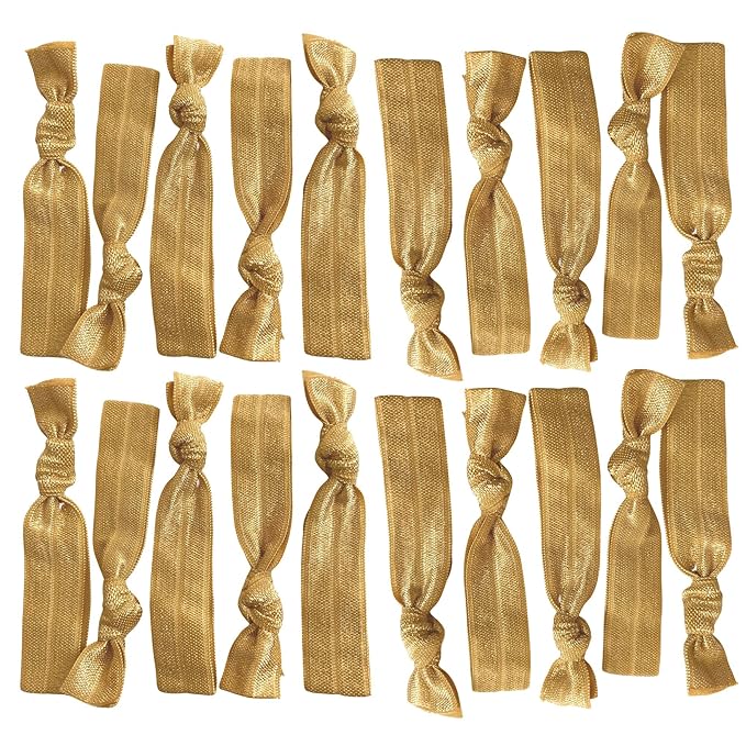 Kenz Laurenz Hair Ties 20 Elastics Ponytail Holder Set No Crease Ribbon Bands (Gold)