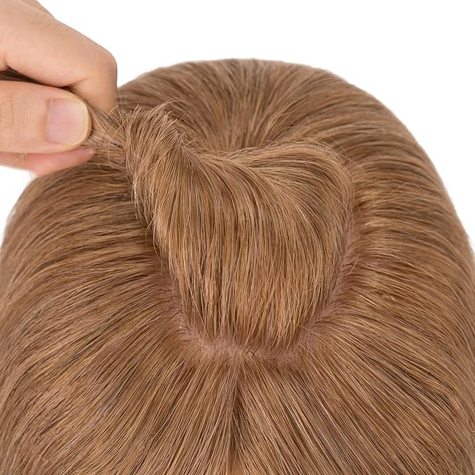 Hairro Human Hair Toppers Free Parted, 3.5x4.7" Base Hand-wovened 100% Real Hairpieces, with Invisible Clips-in for Women, for High Hairline/Adding Volume on Top, 14 Inch Blondish Brown