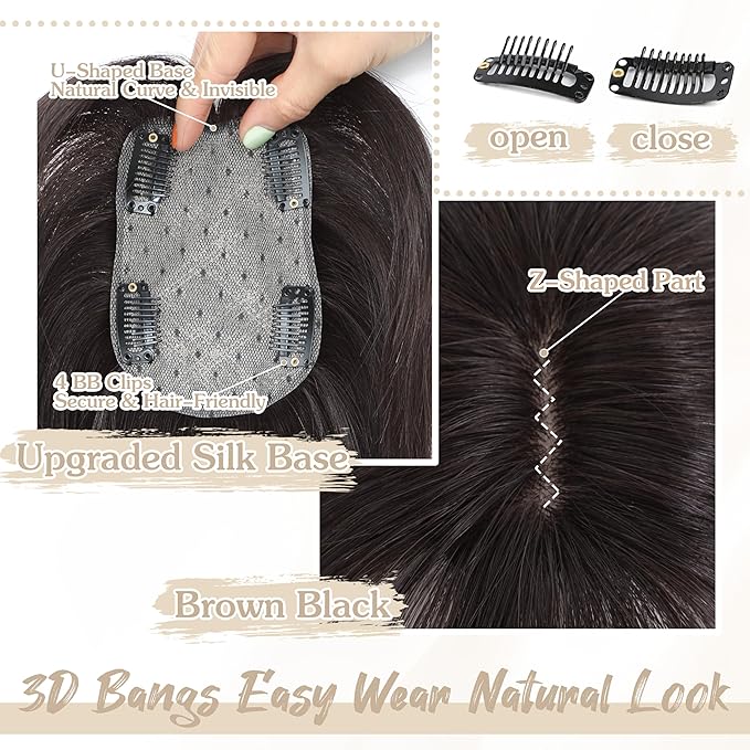 Human Hair Toppers for Women - 150% Density Clip In Hair Topper with Bangs U Shape 10 Inch Toppers Hairpieces for Women Perfect for Thinning Hairr Ideal for Daily Use Brown Black