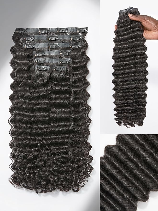 LUVME Hair Extensions Natural Black 26 Inch 135g 7pcs Real Human Hair Loose Deep Wavy Remy Clip in Human Hair Extensions Thick Hair