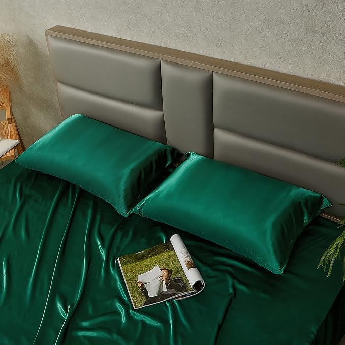 King Size Satin Pillowcase Set of 2 with Envelope Closure,Blackish Green Silk Pillowcase for Hair and Skin (20x36)