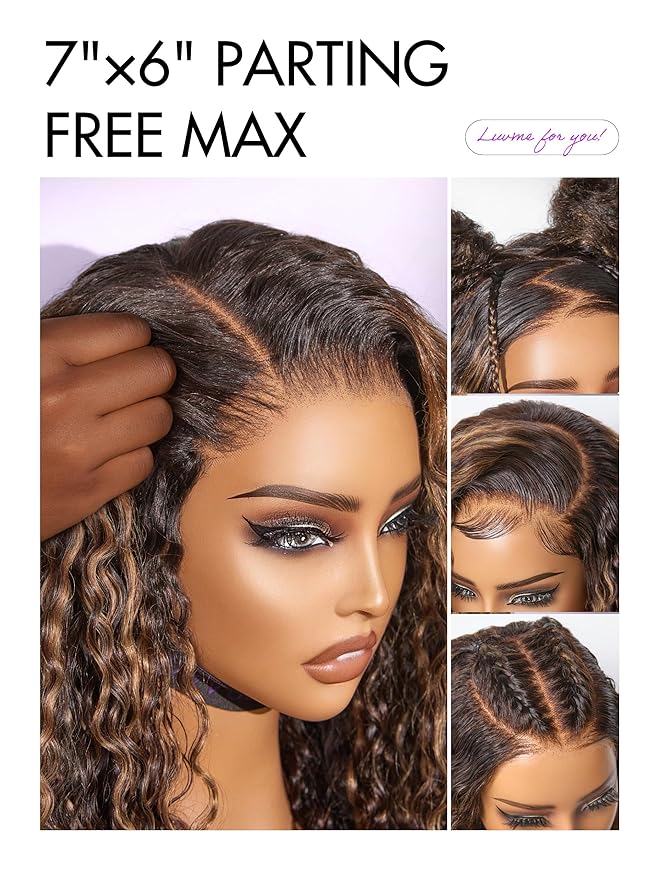 LUVME HAIR 7x6 HD Lace All-Day Comfort Wig PartingMax Lace Wigs Water Wave Curly Lace Front Wigs Human Hair Pre Cut Plucked Lace Frontal Glueless 22 Inches Hlighlight Color