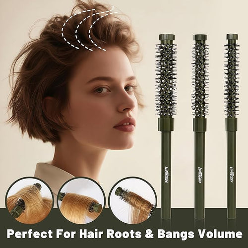 3pcs Small Round Hair Brush for Short Hair - Barrel Hair Brush for Blow Drying, Aluminum Round Brush for Bobs, Bangs, Lobs, Roots, Curling, Pixie Cuts, Straight Hair - Green