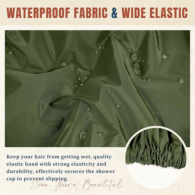 Reusable Shower Cap for Women, Stylish Large Waterproof Shower Bonnet Washable Wide Elastic Band Hair Cap for Long Hair, Braids Bath Hat(Army Green)