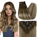 Full Shine Clip in Hair Extensions Balayage Clip in Extensions Blonde Human Hair Clip ins Double Weft Balayage Walnut Brown to Light Brown Mix Light Blonde 7 Pcs 24 Inch 120 G