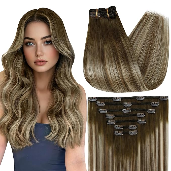 Full Shine Clip in Hair Extensions Balayage Clip in Extensions Blonde Human Hair Clip ins Double Weft Balayage Walnut Brown to Light Brown Mix Light Blonde 7 Pcs 24 Inch 120 G