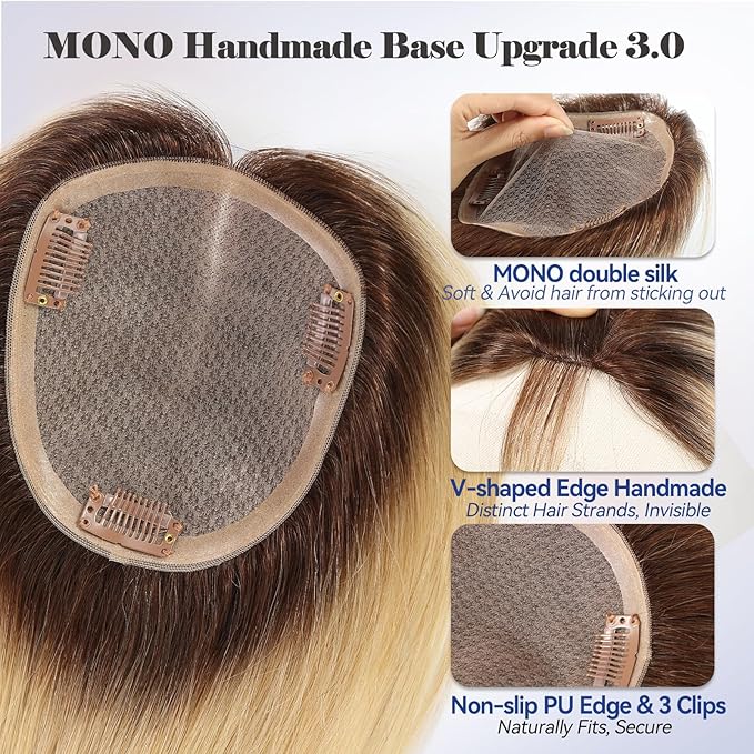 HAIRCUBE Hair Toppers 100% Real Human Hair,Ombre Light Blonde, 5.5"*5"MONO Large Base, 56g Hand-moven Real Human HairToppers for Women with ThinningHair